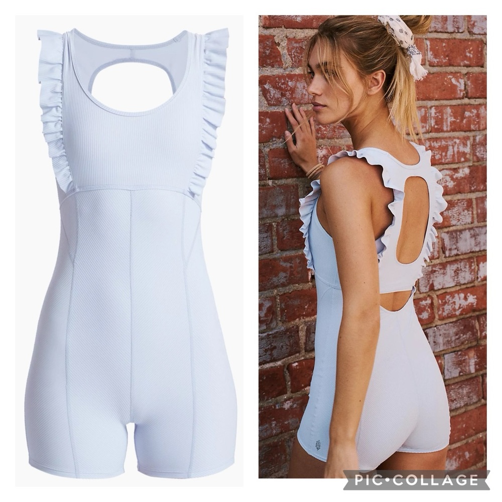 Free People Athletic One Piece Romper Ruffle Me Up Shortsie Leotard Onesie Blue
